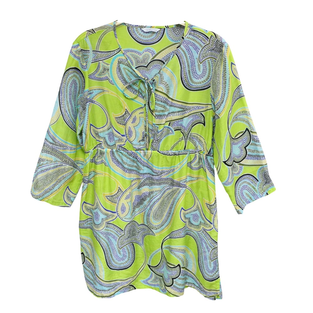 Trina‎ Turk Paisley Silk Blend Keyhole Tunic Blouse M Green Boho Beach Tropical